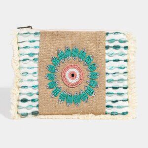 NEW Seed Beaded Evil Eye Protection Boho Fringe Jute Zipper Clutch Bag Handbag